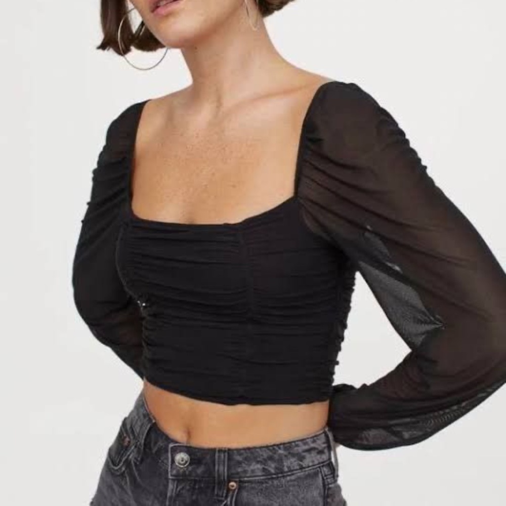 H&M black ruched top with sheer sleeves